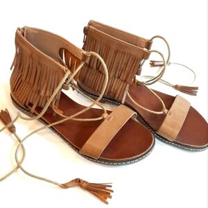 🌟Host Pick Corkys Nude Boho Lace Up Gladiator Sandals with Fringe Size 37